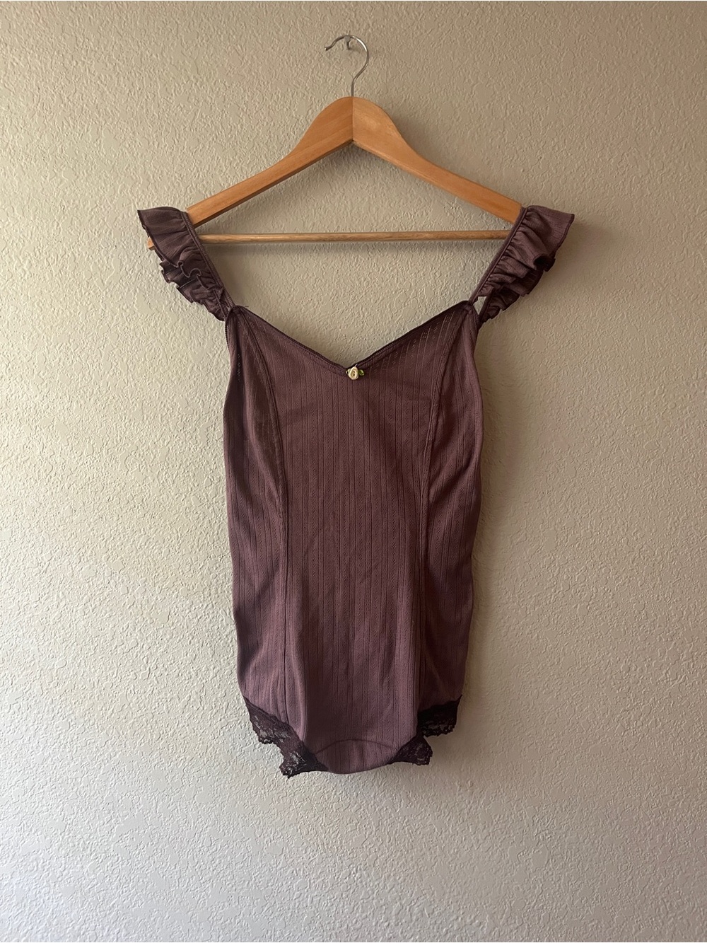 Free People Pointelle Mauve Ruffled Strap Bodysuit XS